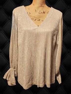 Vince Camuto Metallic V-Neck Semi-Sheer Blossom Sleeves With Smocked Cuffs Top